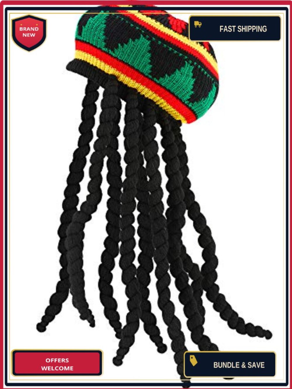 Rasta Hat with Black Dreadlocks Wig Reggae Beanie Costume Accessory